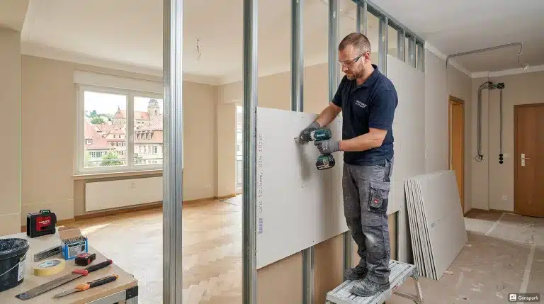 Trockenbauer in Stuttgart montiert eine moderne Trennwand in einem renovierten Wohnraum