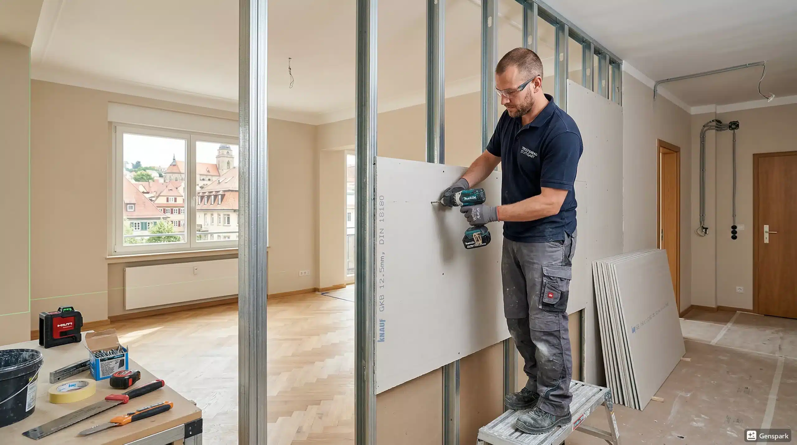 Trockenbauer in Stuttgart montiert eine moderne Trennwand in einem renovierten Wohnraum